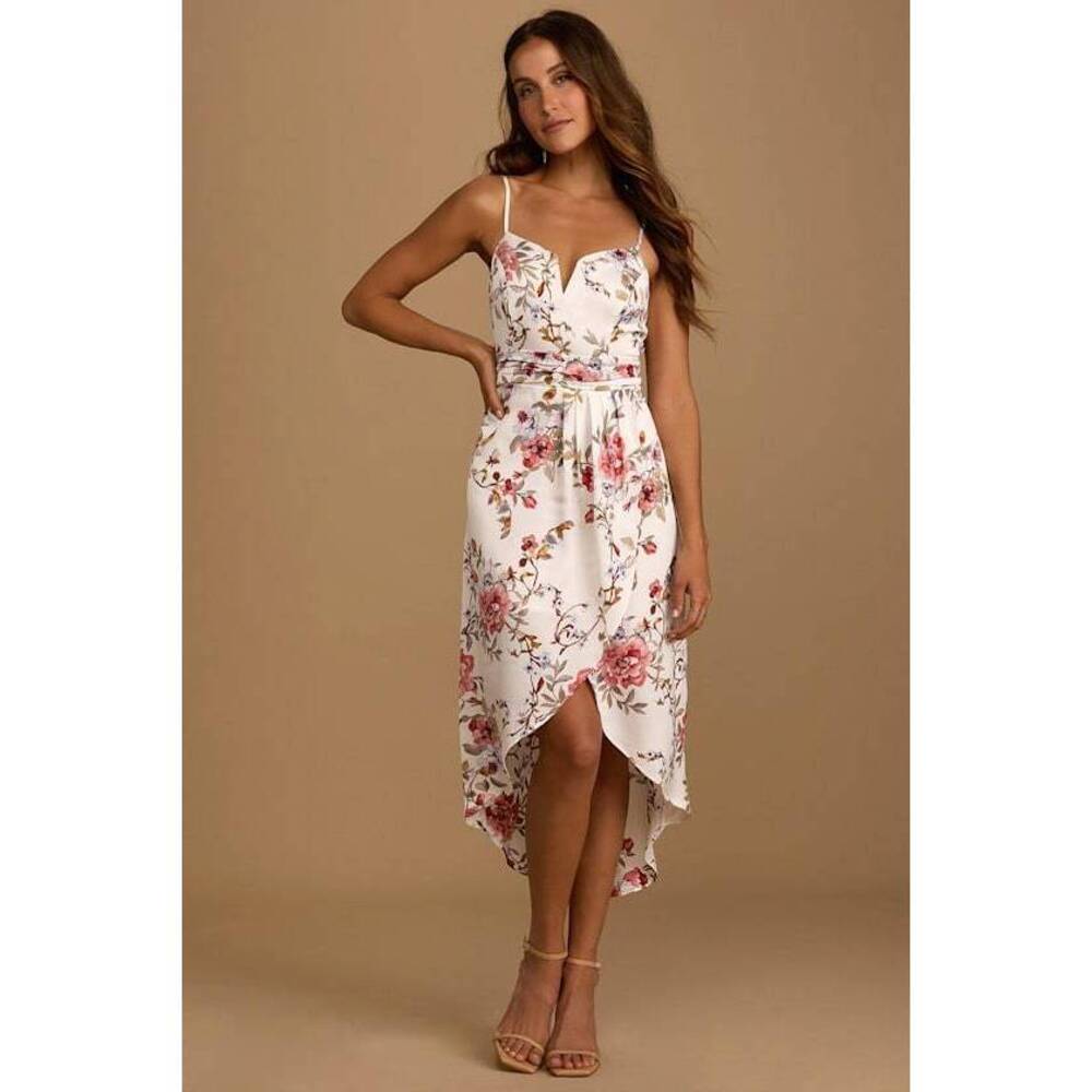 Lulus My Favorite Day Ivory Floral Print Tulip Skirt Midi Dress White - Size S